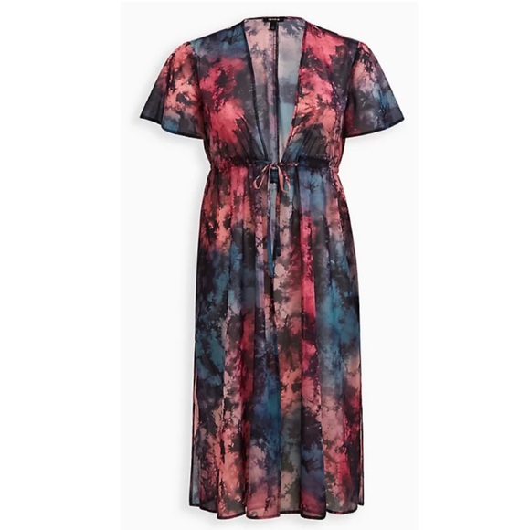NEW Torrid Pink Teal Tie-Dye Chiffon Sheer Tie Front Kimono Duster 1X - Picture 4 of 7